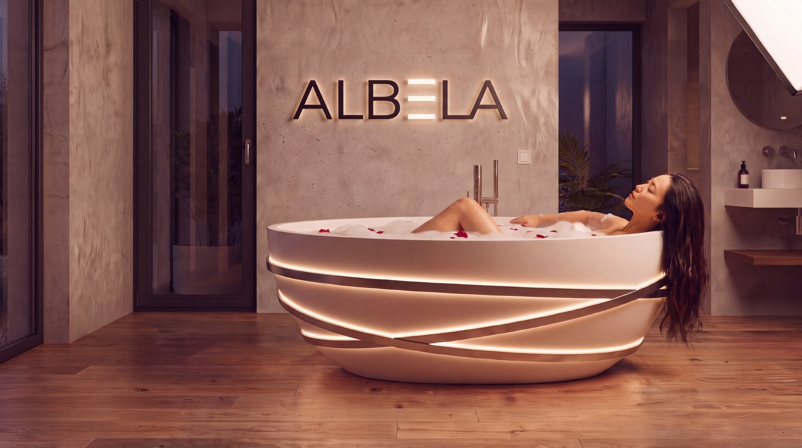 Ванна ALBELA из акрилового камня с подсветкой опояски, подсвеченный логотип ALBELA на стене санузла