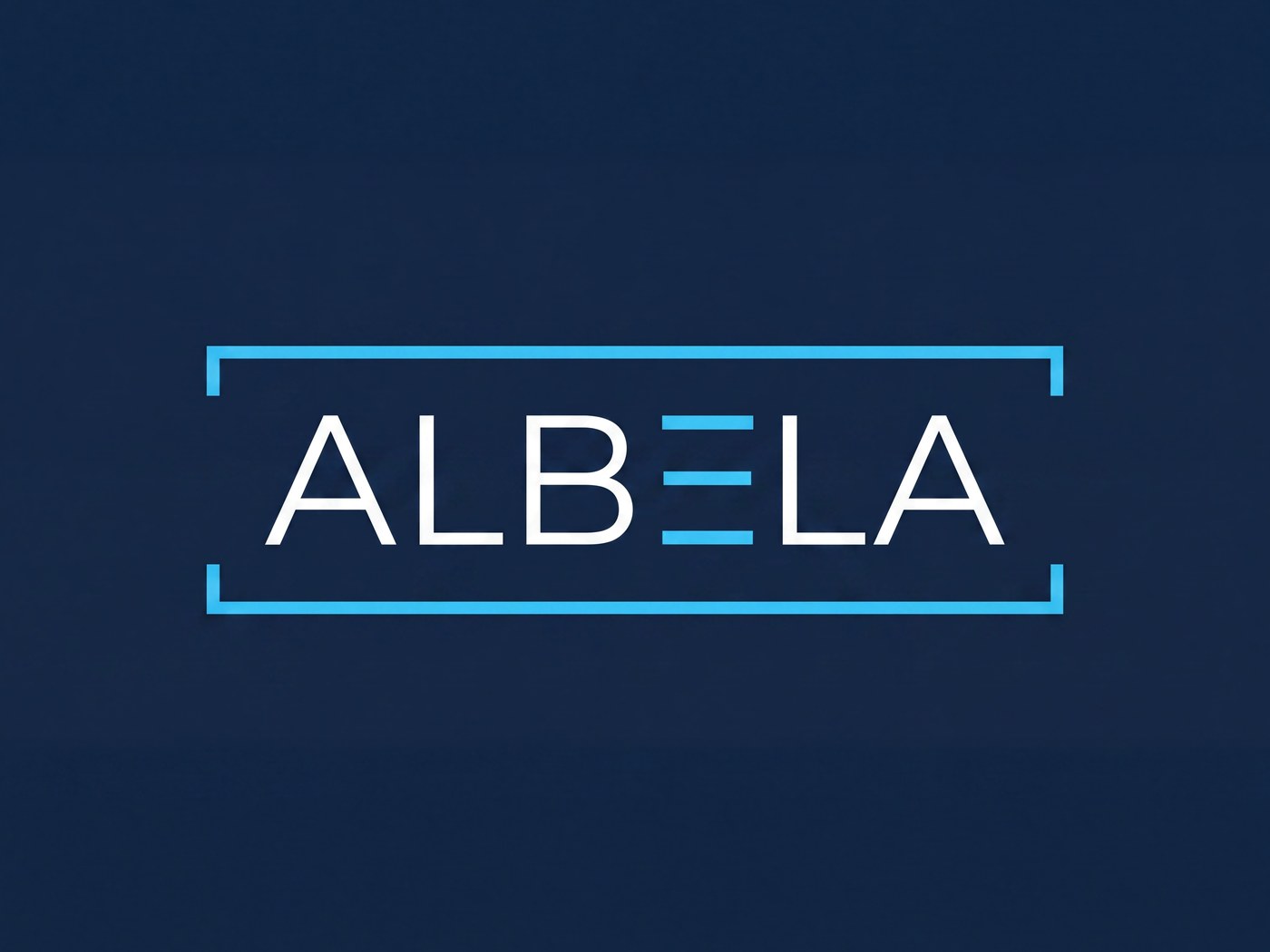 Логотип ALBELA — белые буквы в тонкой рамке, буква E из трёх бирюзовых полос на тёмно-синем фоне